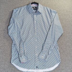 Buttercloth Knit Button Down Shirt Size Large-Tall in a Blue Geometric Pattern